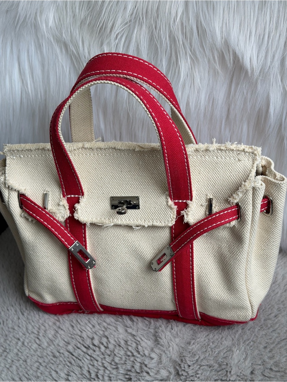 Sunwin Madaket Small Classic Cream Canvas Tote Bag with Red Trim